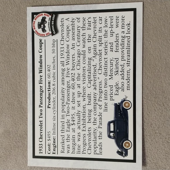 1933 Two Passenger Five Window Coupe Die Cast Car - Picture 5 of 5